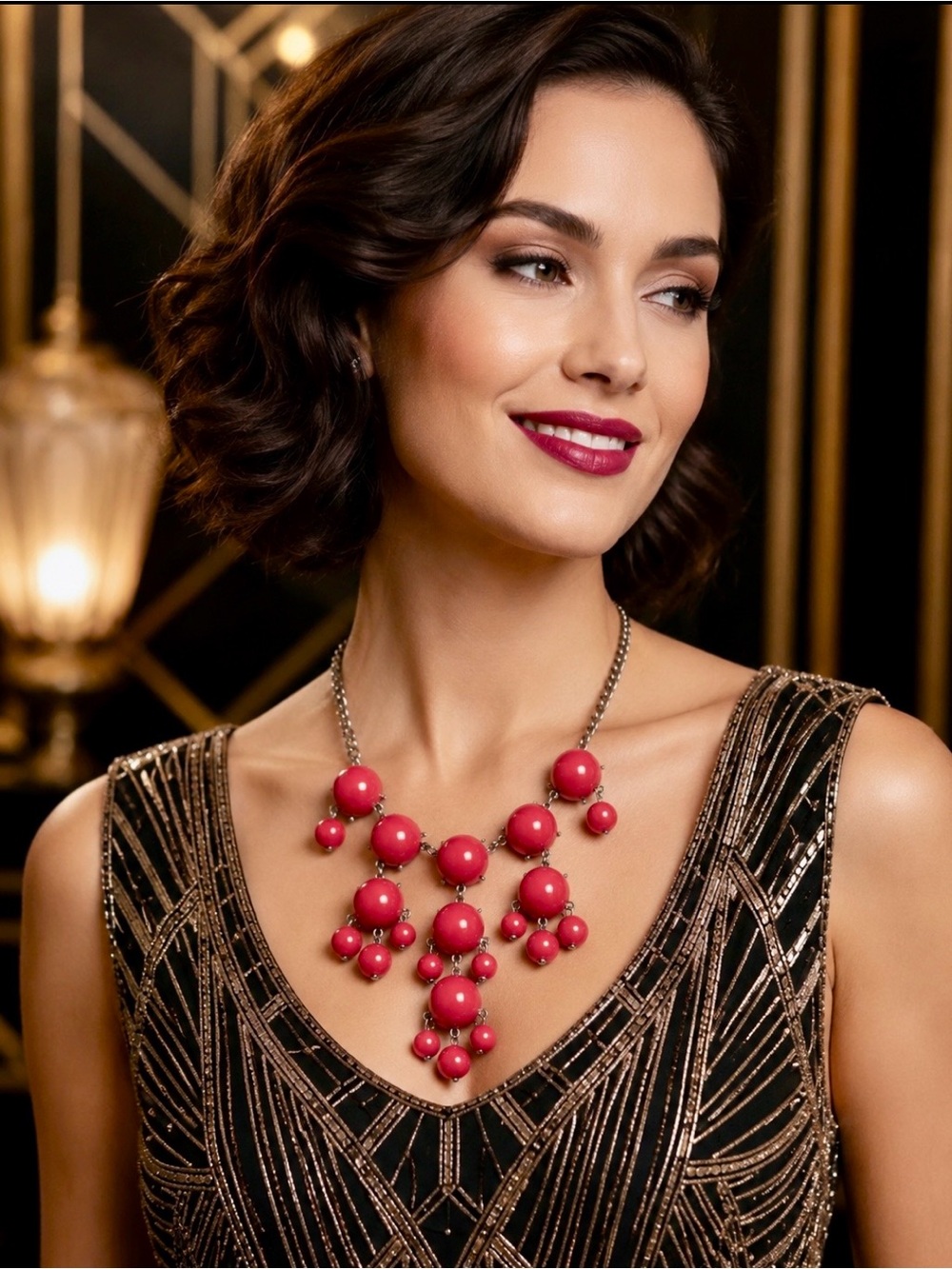 Red cabochon and bead Bubble Necklace